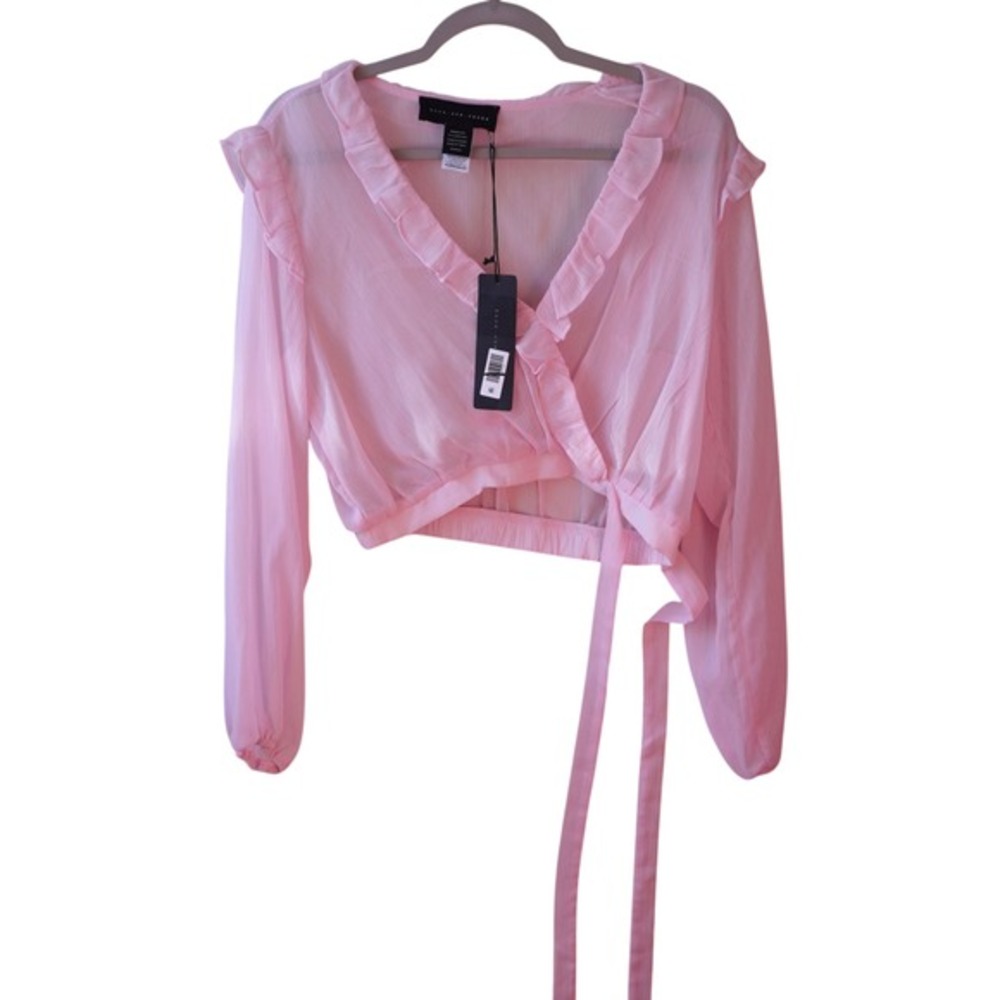 Know One Cares Medium Pink Ruffle Wrap Crop Top Sheer Long Sleeve Blouse Ballet